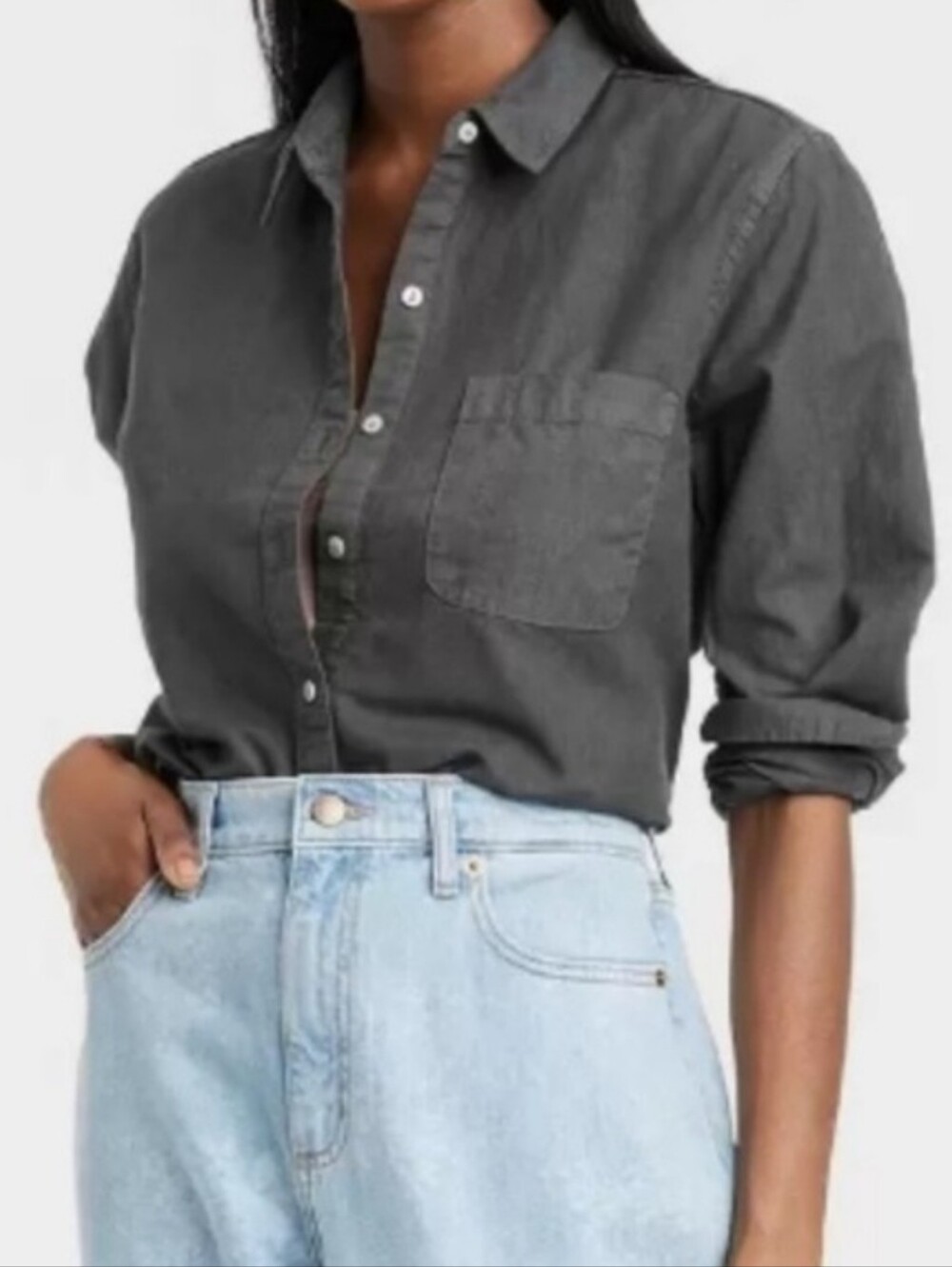 Linen Cotton Universal Thread Gray Button Up Shirt